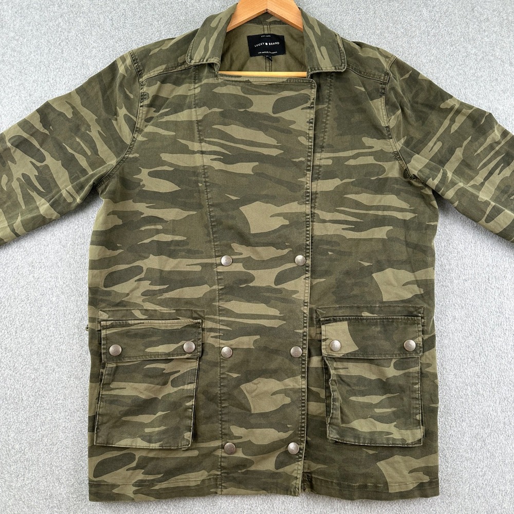 Lucky Brand Jacket Women Medium Green Camo Utility Military Double Breasted Coat